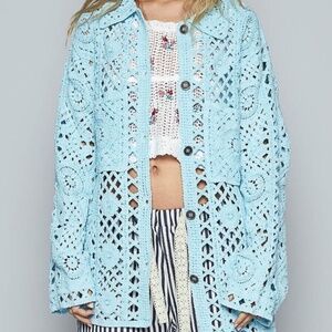 POL Crochet Button Up Cardigan with Chest Patch Pockets
